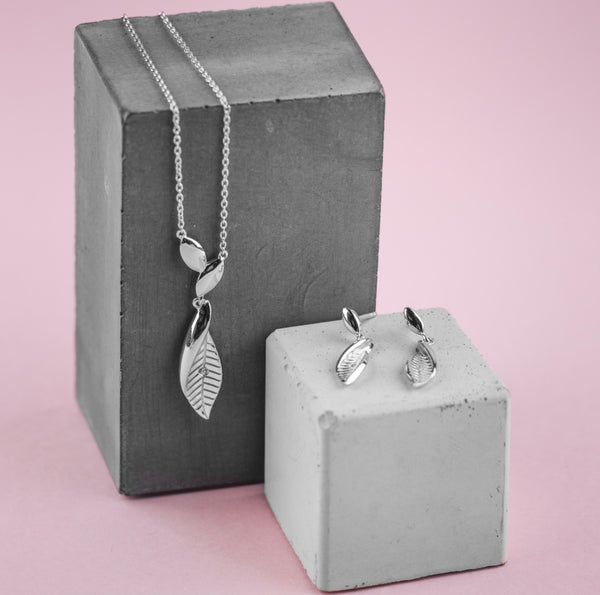 Rubber Tree Leaf Earrings and Pendant with Silver 18 Inch Chain - Gift Boxed in popular Two Boxes